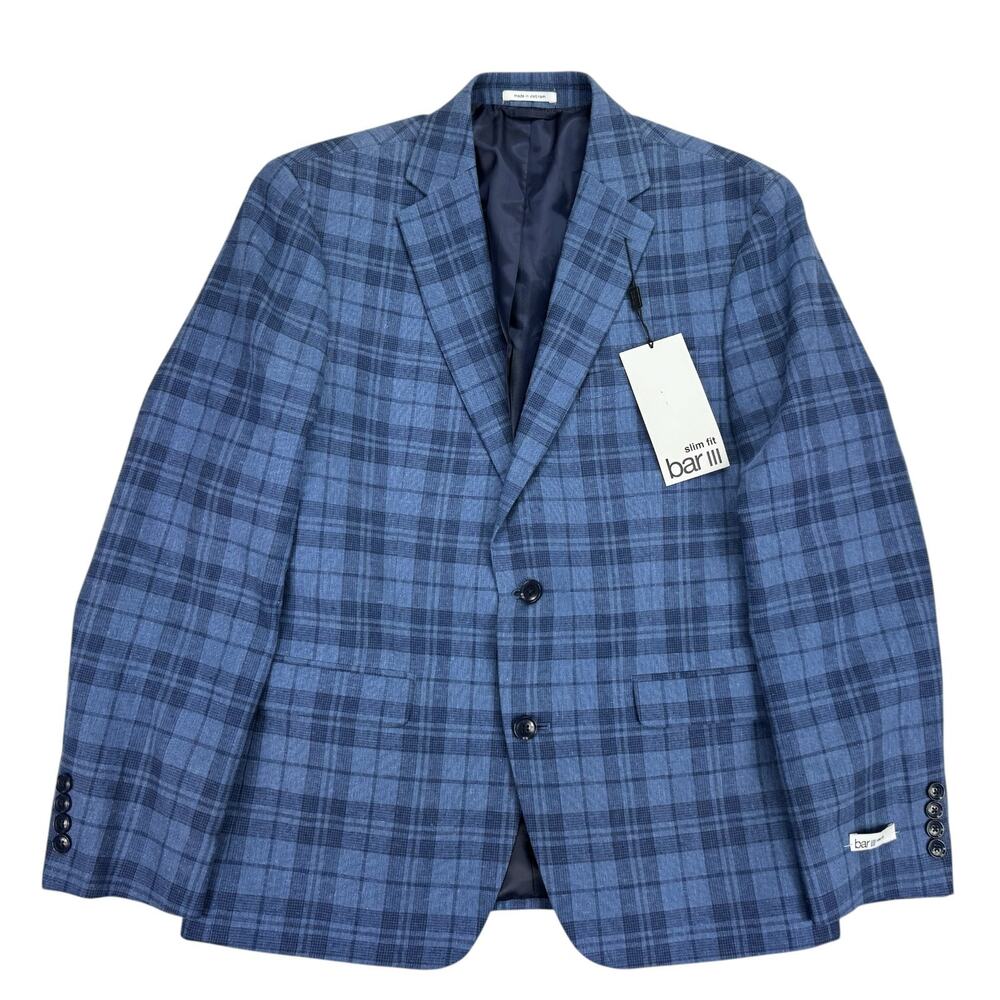 Bar III Mens Linen Blend Slim Fit Plaid Sport Coat Blue 40S